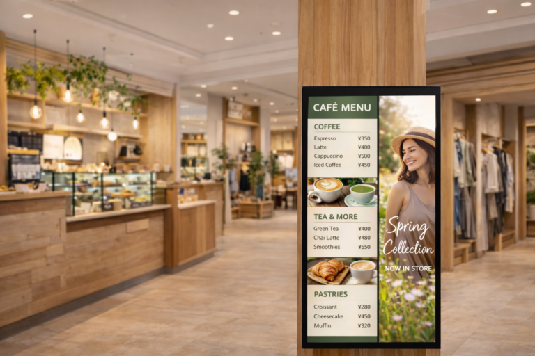 大阪の店舗に設置された屋内用LEDビジョン。 デジタルサイネージによる情報発信の事例。